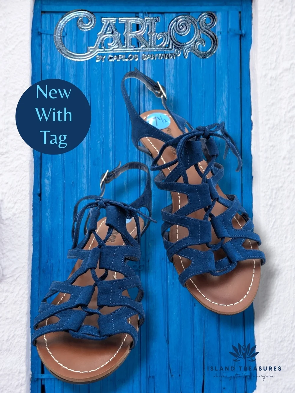 NWT Carlos Kiara2 Sz 7.5 Strappy Low-Wedge Rich Blue Fabric Upper Silver Buckles